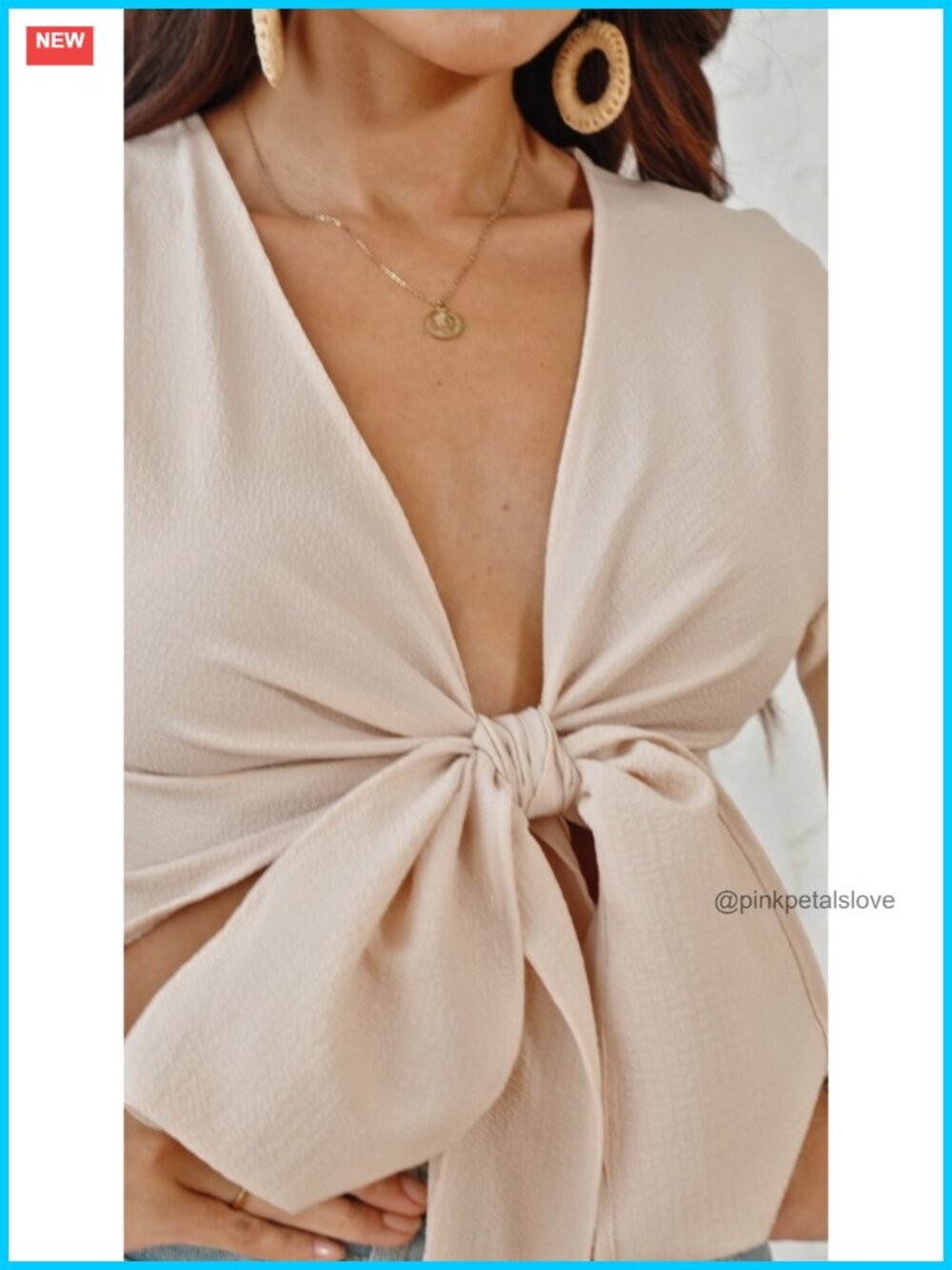 Wrap Knot Front Blouse Deep V Neck Flare Half Sleeve Cropped Boho Top - Picture 5 of 5